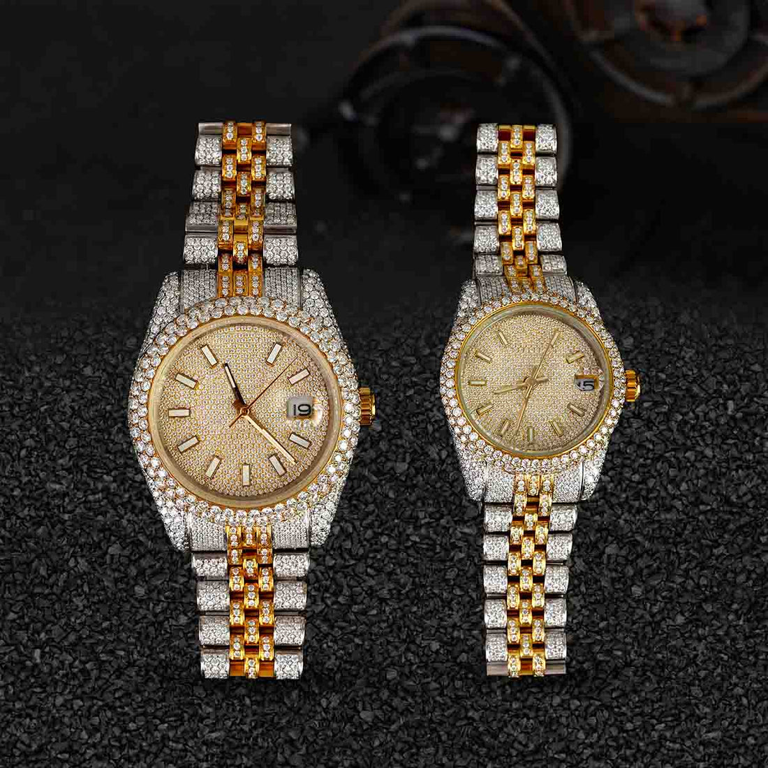 Rolex Watch Couple Iced Out Moissanite Diamond Gold Bust Down Hip Hop