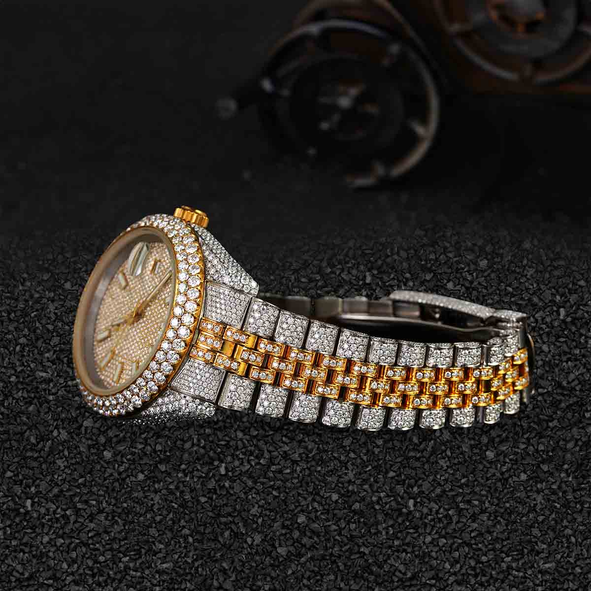 Rolex Watch Couple Iced Out Moissanite Diamond Gold Bust Down Hip Hop