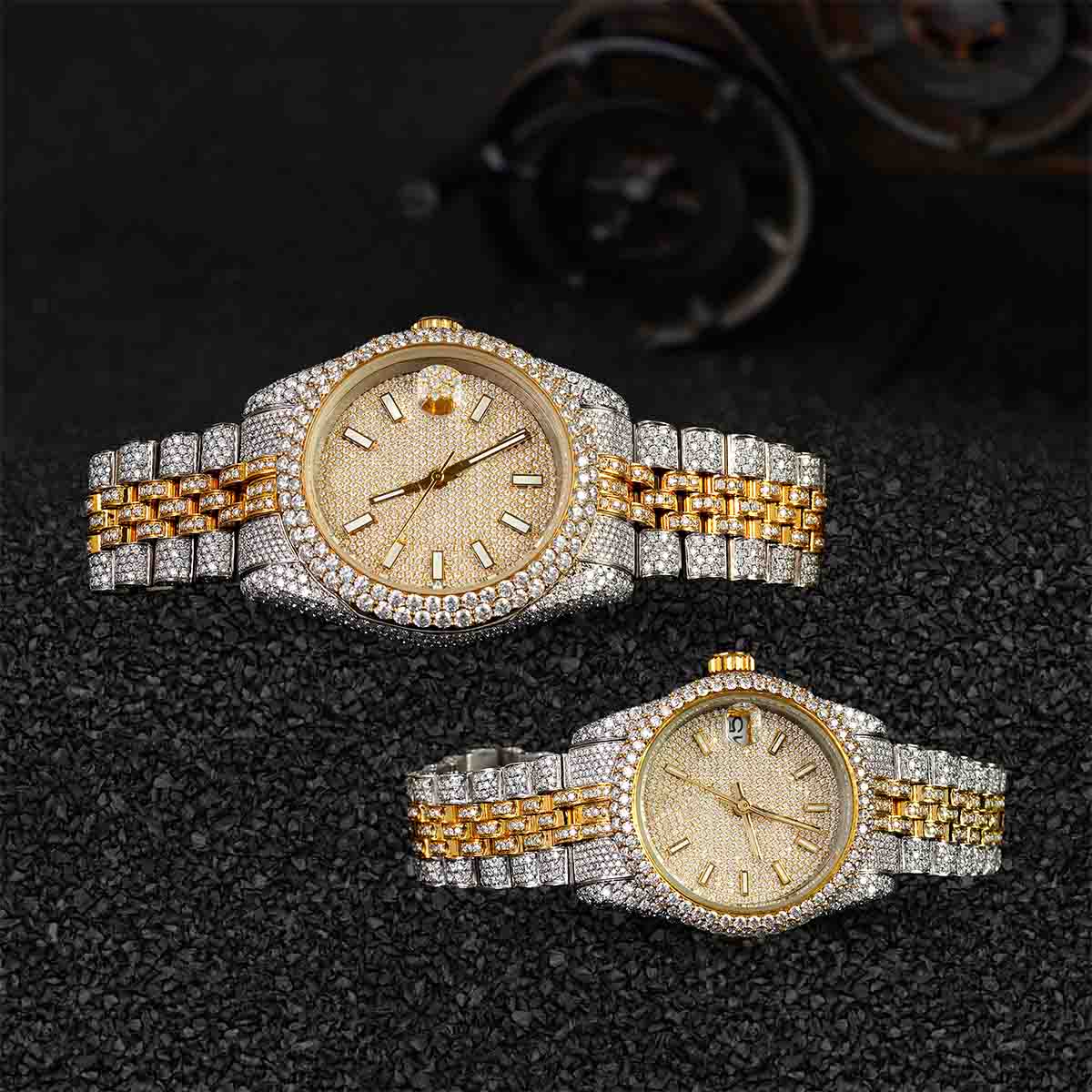 Rolex Watch Couple Iced Out Moissanite Diamond Gold Bust Down Hip Hop
