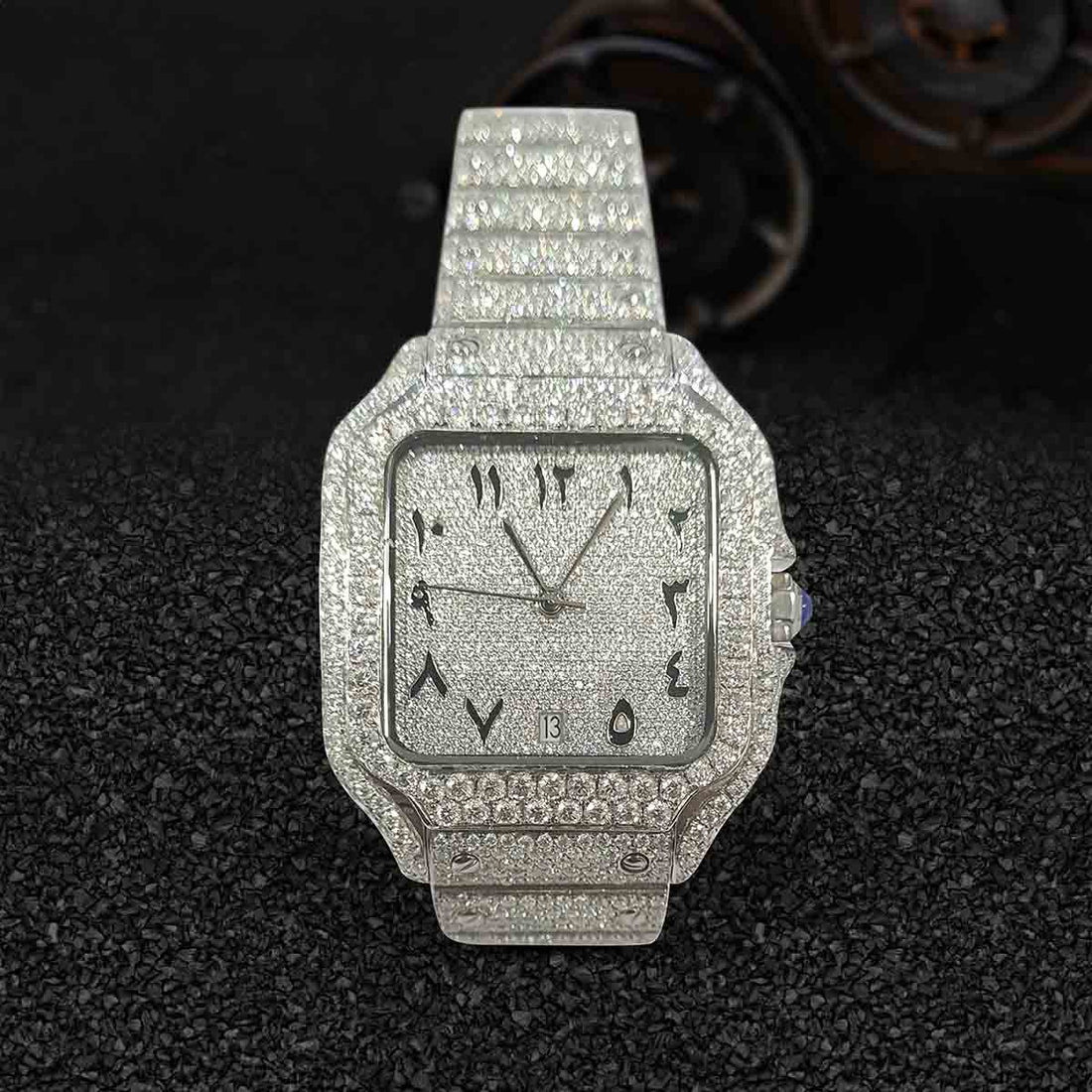 Moissanite Iced Out Cartier Watch 40mm Square Dial Arabic Smartlink Bracelet Bust Down Hip Hop Jewelry