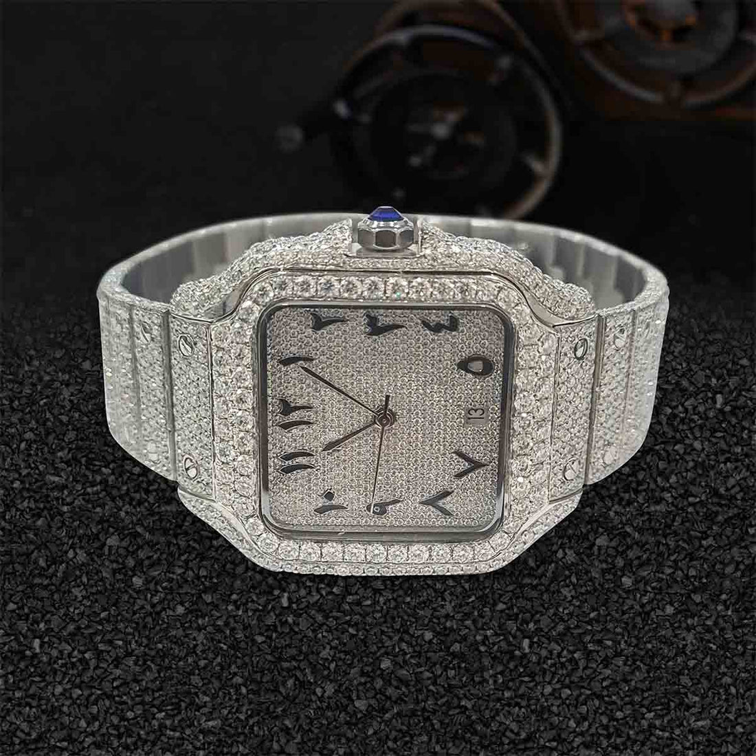Moissanite Iced Out Cartier Watch 40mm Square Dial Arabic Smartlink Bracelet Bust Down Hip Hop Jewelry