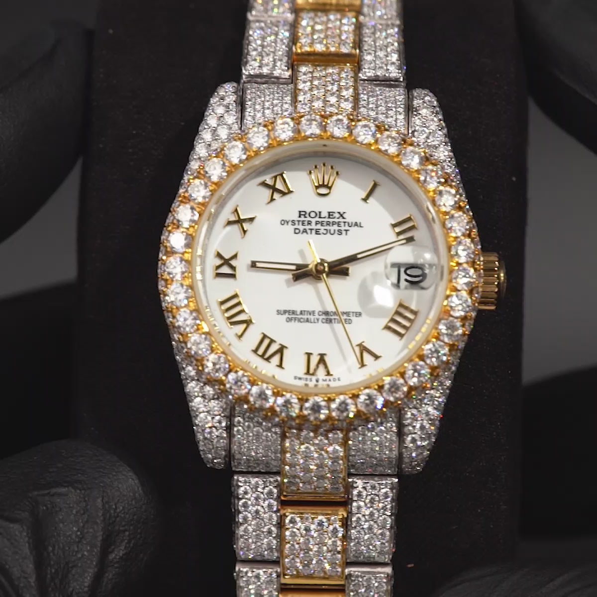 Two Tone Iced Out Rolex Watch for Women Moissanite 32mm White Dial Bust Down Hip Hop Jewelry