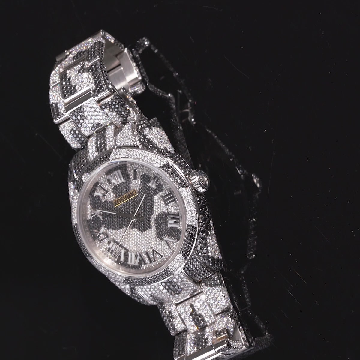 Black and White Moissanite Iced Out Watch Camouflage Pattern Bust Down Hip Hop Jewelry