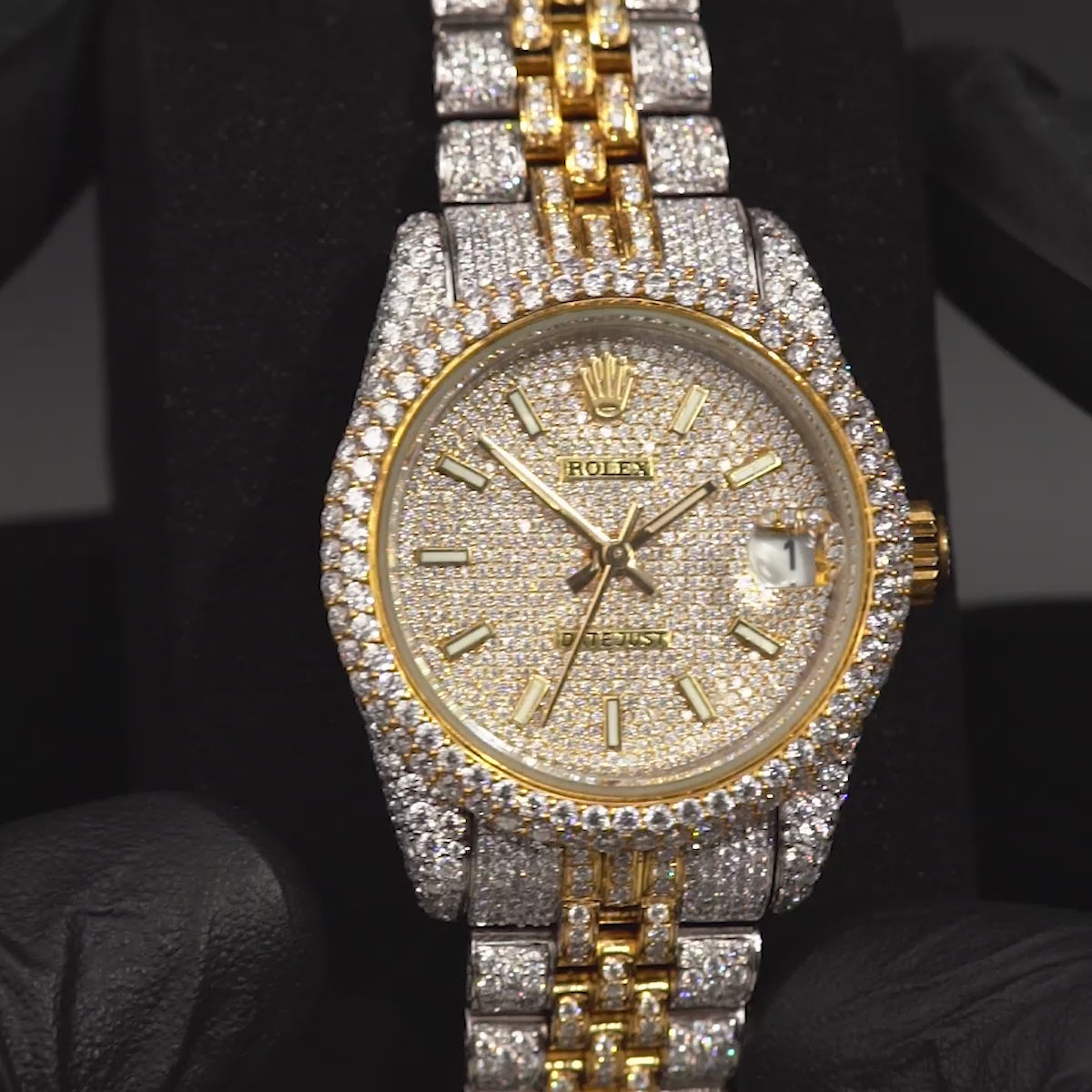 Men's Iced Out Rolex Watch Moissanite Diamonds 14k Gold Finish Two Tone Bust Down Hip Hop